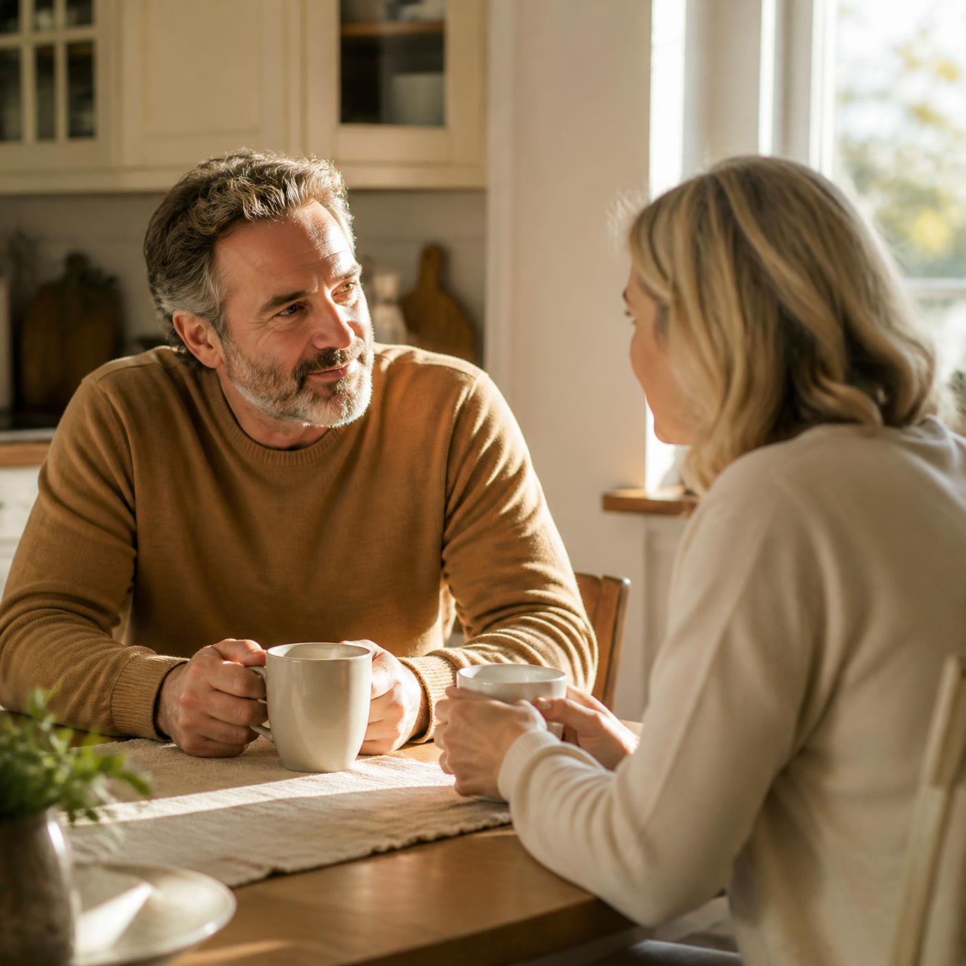 Two people talking at a kitchen table