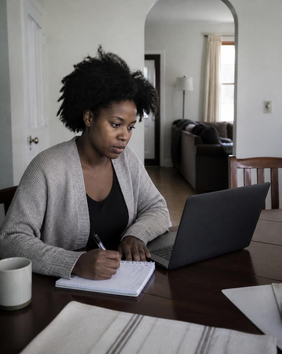 A woman working on a laptop at a dining table