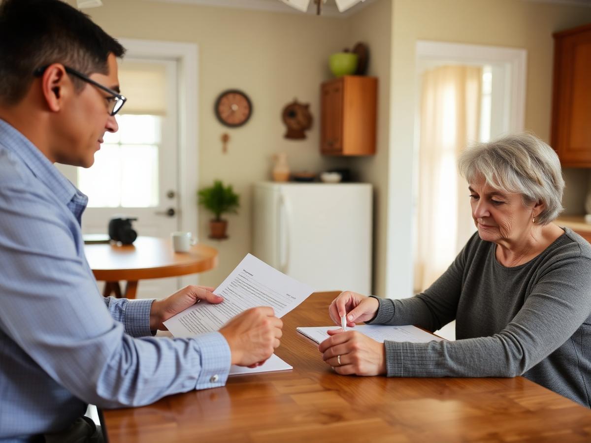 A case manager reviewing paperwork with a client at a kitchen table