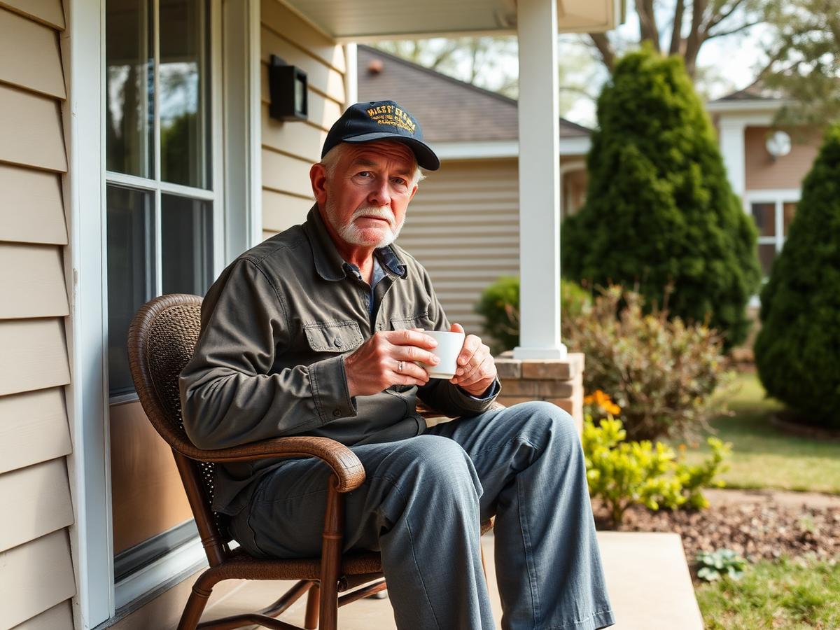 A veteran sitting on the porch of a modest home
